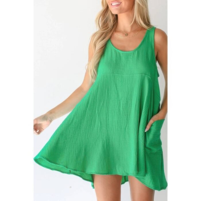 Solid A Line Pockets Low Back Knot Midi Dress - Image 9