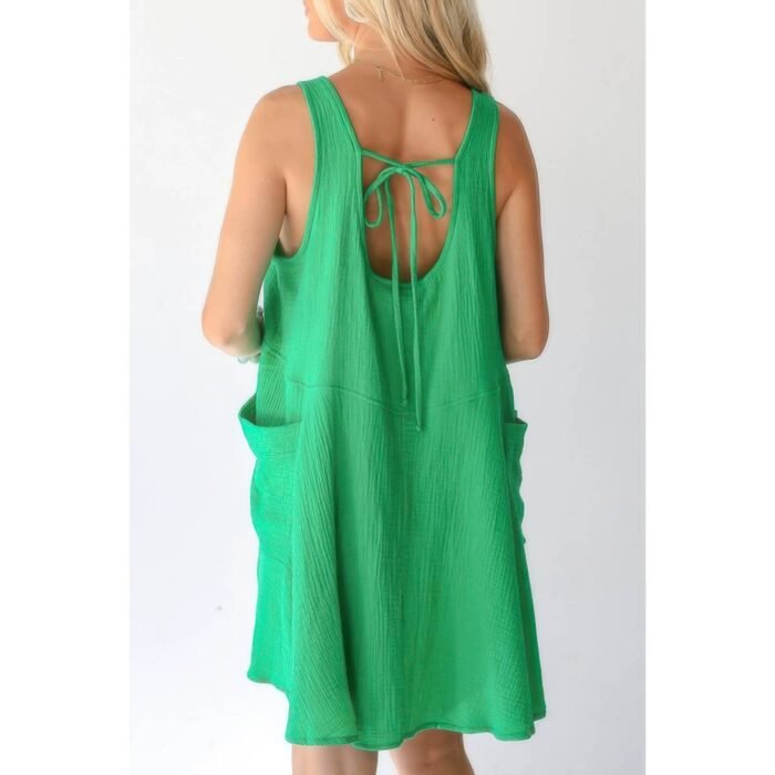 Solid A Line Pockets Low Back Knot Midi Dress - Image 10