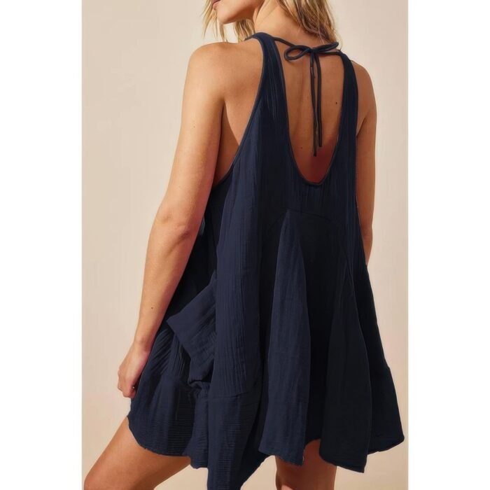 Solid A Line Pockets Low Back Knot Midi Dress - Image 14