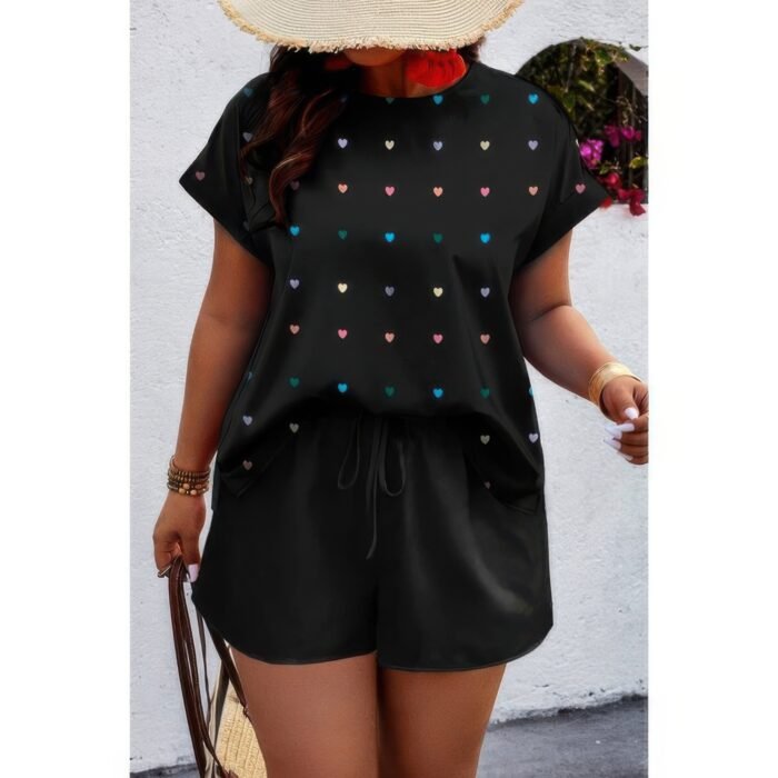 Plus Size Heart Print Drawstring Waist Sets - Image 1