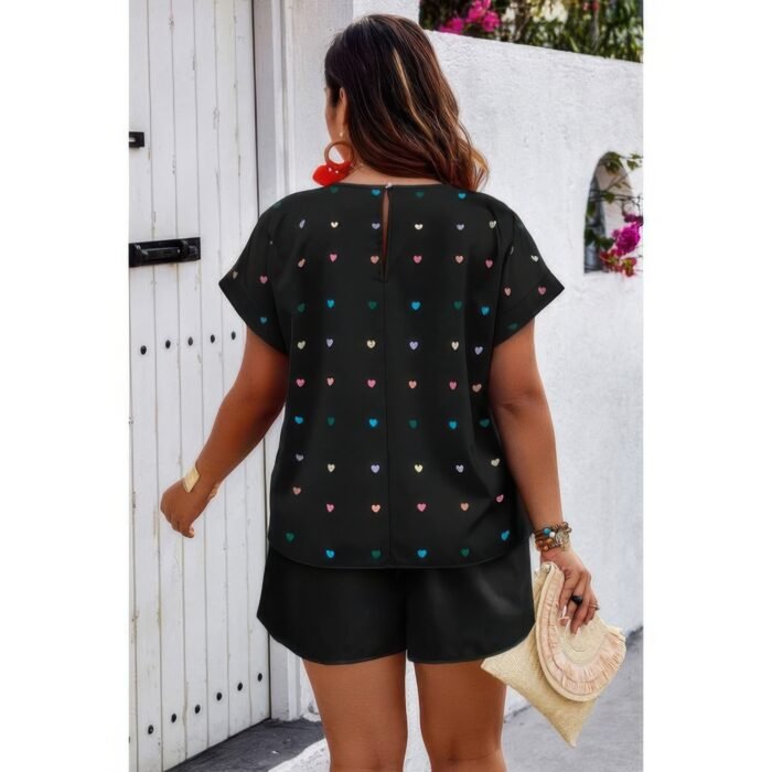 Plus Size Heart Print Drawstring Waist Sets - Image 4