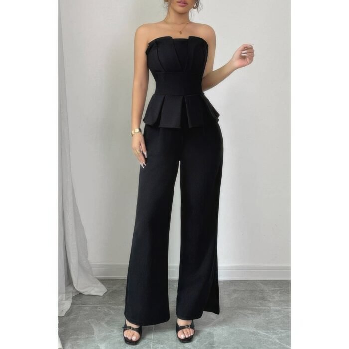 Off shoulder back hide zipper pleated fit jumpsuit - image 3
