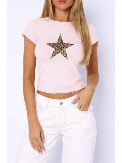 Leopard Print Star Crew Neck Slim Fitted Shirt Leopard Print Star Crew Neck Slim Fitted Shirt