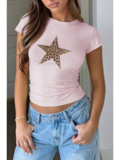 Leopard Print Star Crew Neck Slim Fitted Shirt Leopard Print Star Crew Neck Slim Fitted Shirt