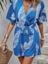 Leaf Print V Neck Belt Fit Bat Sleeves Romper