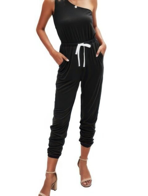 One Shoulder Sleeveless Elastic Waist Jumpsuit