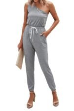 One Shoulder Sleeveless Elastic Waist Jumpsuit - Image 3