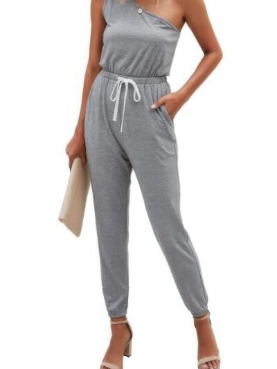 One Shoulder Sleeveless Elastic Waist Jumpsuit One Shoulder Sleeveless Elastic Waist Jumpsuit