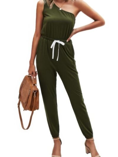 One Shoulder Sleeveless Elastic Waist Jumpsuit One Shoulder Sleeveless Elastic Waist Jumpsuit