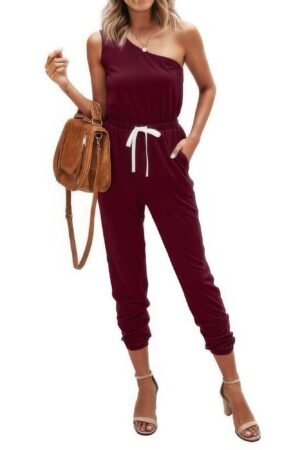 One Shoulder Sleeveless Elastic Waist Jumpsuit One Shoulder Sleeveless Elastic Waist Jumpsuit