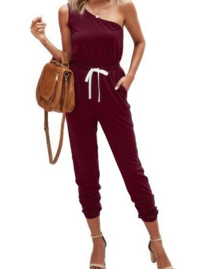 One Shoulder Sleeveless Elastic Waist Jumpsuit One Shoulder Sleeveless Elastic Waist Jumpsuit