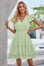 Cut Out Sleeveless Ruffle Trim V Neck Fit Dress