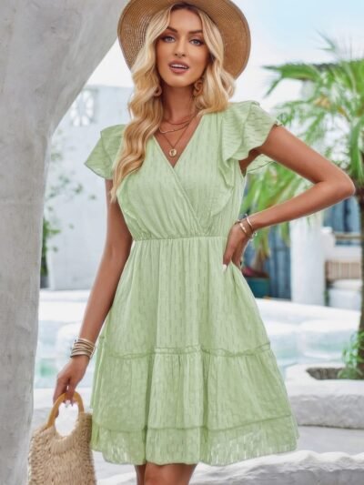 Cut Out Sleeveless Ruffle Trim V Neck Fit Dress