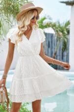 Cut Out Sleeveless Ruffle Trim V Neck Fit Dress
