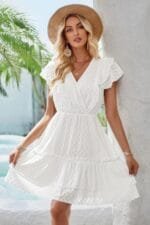 Cut Out Sleeveless Ruffle Trim V Neck Fit Dress