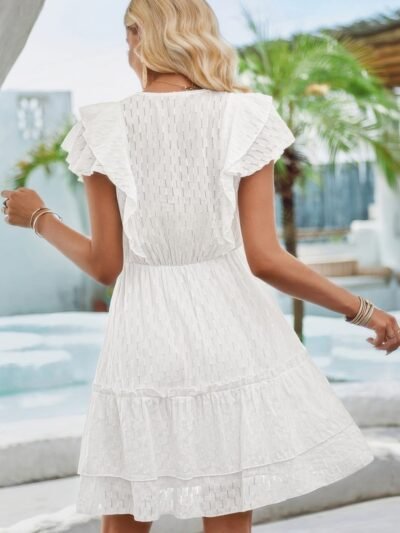 Cut Out Sleeveless Ruffle Trim V Neck Fit Dress