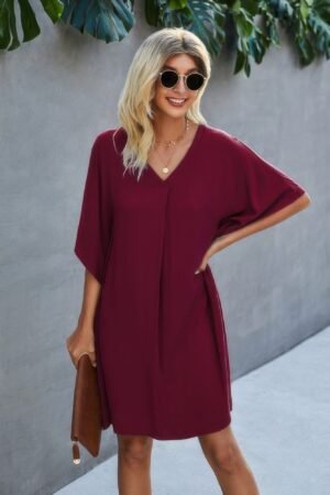 Solid Batwing Short Sleeve Sleeve Tunic Dress