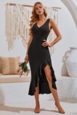 V Neck Sleeveless Asymmetric Ruffle Hem Dress - Image 2