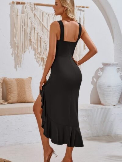 V Neck Sleeveless Asymmetric Ruffle Hem Dress V Neck Sleeveless Asymmetric Ruffle Hem Dress