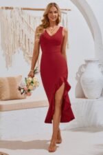 V Neck Sleeveless Asymmetric Ruffle Hem Dress - Image 7