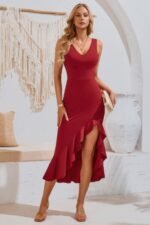 V Neck Sleeveless Asymmetric Ruffle Hem Dress - Image 8