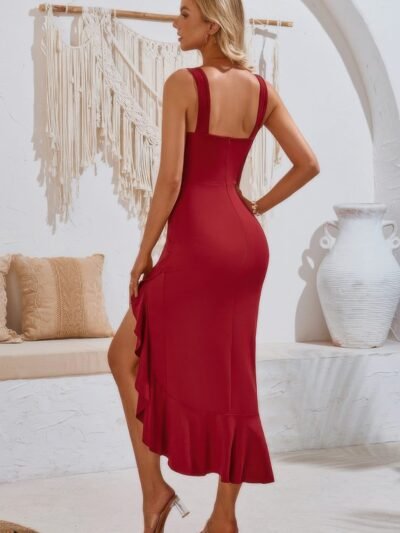 V Neck Sleeveless Asymmetric Ruffle Hem Dress V Neck Sleeveless Asymmetric Ruffle Hem Dress