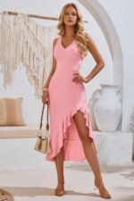 V Neck Sleeveless Asymmetric Ruffle Hem Dress - Image 16