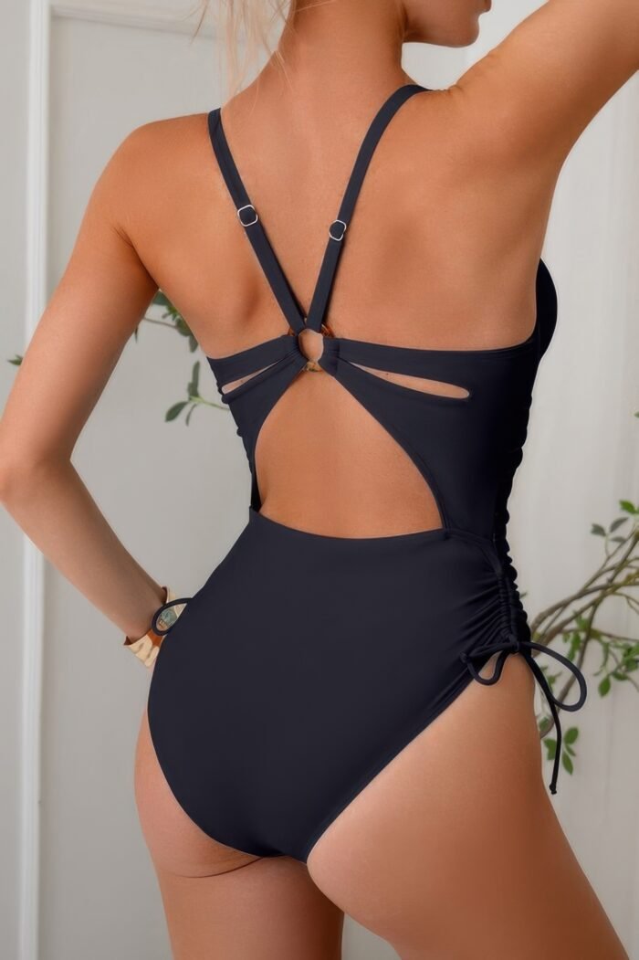 Solid deep v neck drawstring cross back swimsuit - image 6