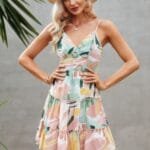 Tie Dye V Neck Sleeveless Ruffle Hem A Line Dress