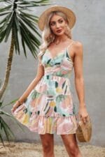 Tie Dye V Neck Sleeveless Ruffle Hem A Line Dress