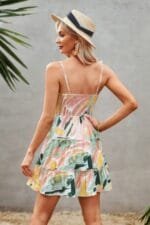 Tie Dye V Neck Sleeveless Ruffle Hem A Line Dress
