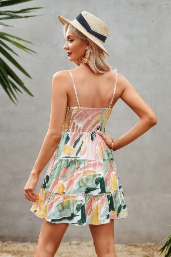 Tie Dye V Neck Sleeveless Ruffle Hem A Line Dress - Image 4