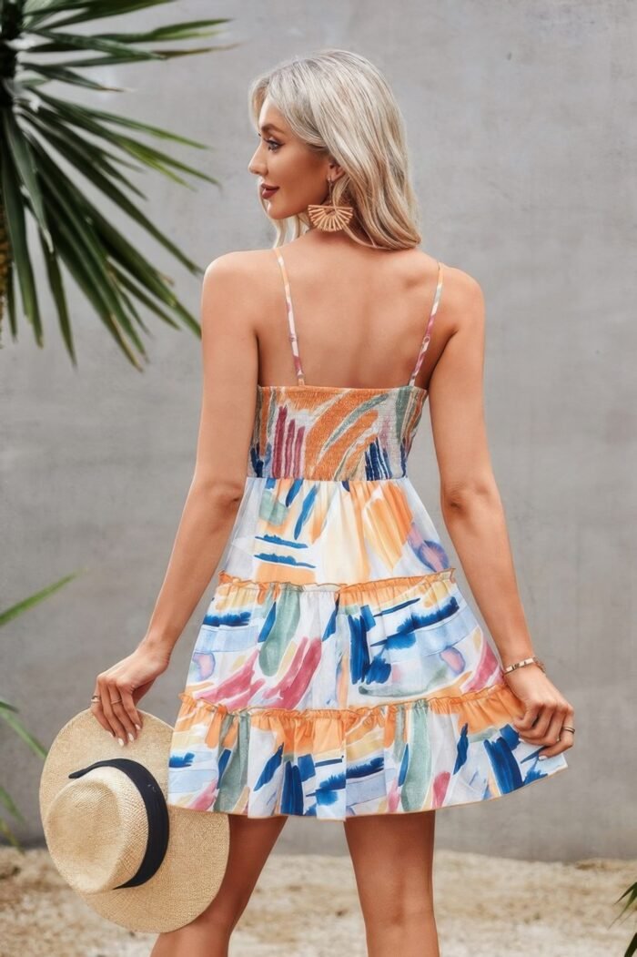 Tie Dye V Neck Sleeveless Ruffle Hem A Line Dress - Image 8