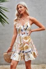 Tie Dye V Neck Sleeveless Ruffle Hem A Line Dress