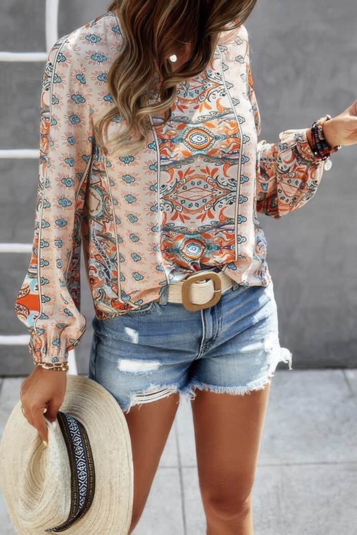 V Neck Graphic Pattern Notched Neck Blouse - Image 1