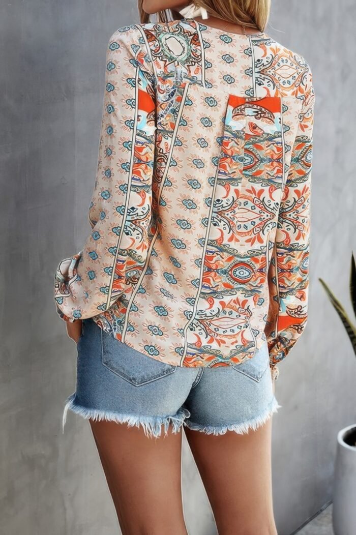 V Neck Graphic Pattern Notched Neck Blouse - Image 4