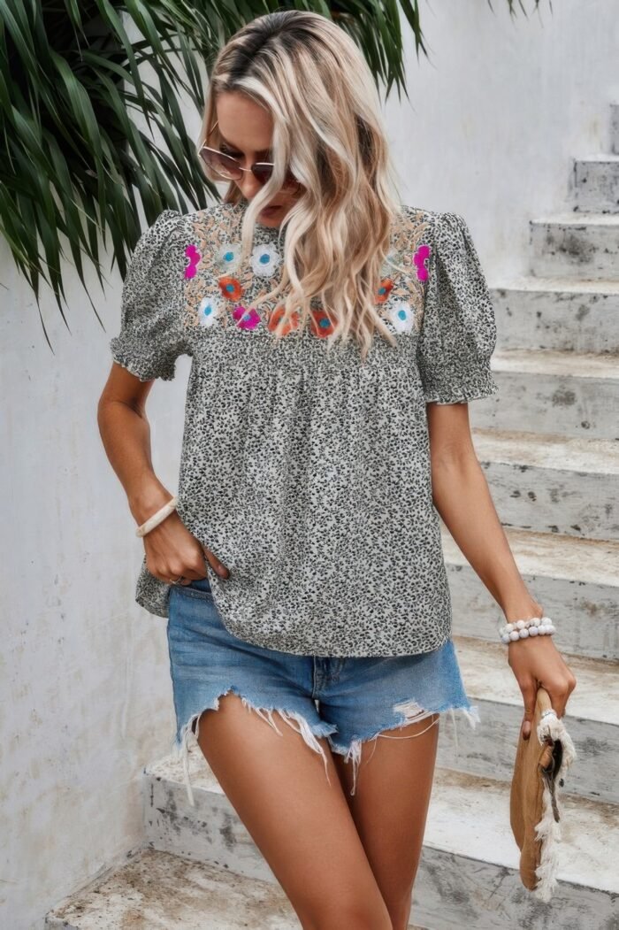 Floral Puff Sleeve Loose Fit Ruffle Blouse - Image 5