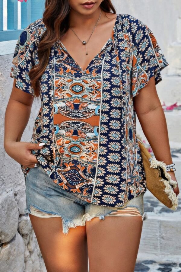 Plus Size Allover Printed Tie Front Short Sleeve Blouse