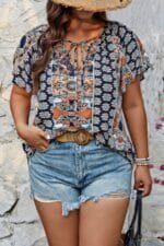 Plus Size Allover Printed Tie Front Short Sleeve Blouse