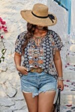 Plus Size Allover Printed Tie Front Short Sleeve Blouse