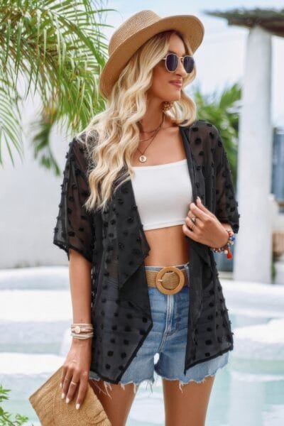 Draped Collar Swiss Dot Cover Up Cardigan Top