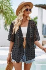 Draped Collar Swiss Dot Cover Up Cardigan Top