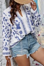 Plus Size Blouses Long Sleeve – Floral Button Front Top