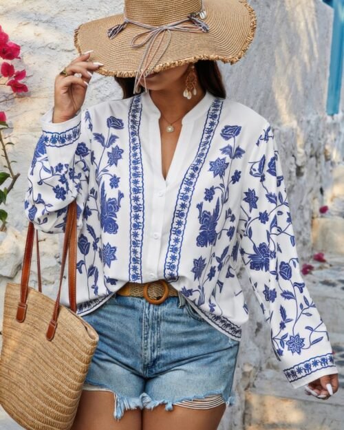 plus size v neck button floral print loose blouse