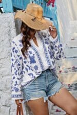 Plus Size V Neck Button Floral Print Loose Blouse