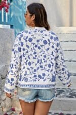 Plus Size V Neck Button Floral Print Loose Blouse