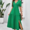 Solid V Neck Ruched High Waist Puff Sleeve Dress