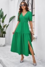 Solid V Neck Ruched High Waist Puff Sleeve Dress