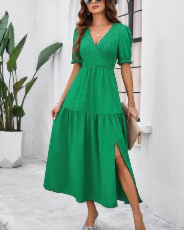 Solid V Neck Ruched High Waist Puff Sleeve Dress