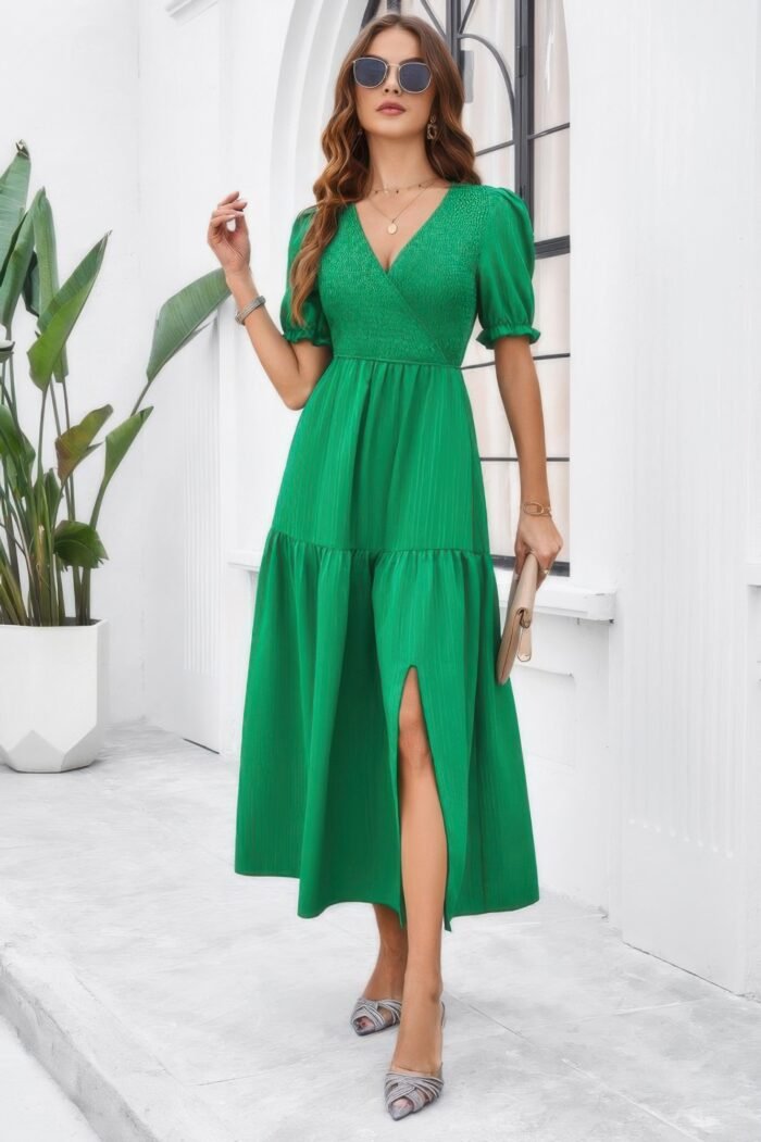 Solid v neck ruched high waist puff sleeve dress - image 3